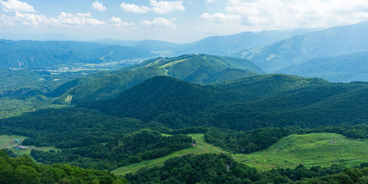 緑豊かな山々が連なる風景を広角でとらえた雄大な自然の景色
