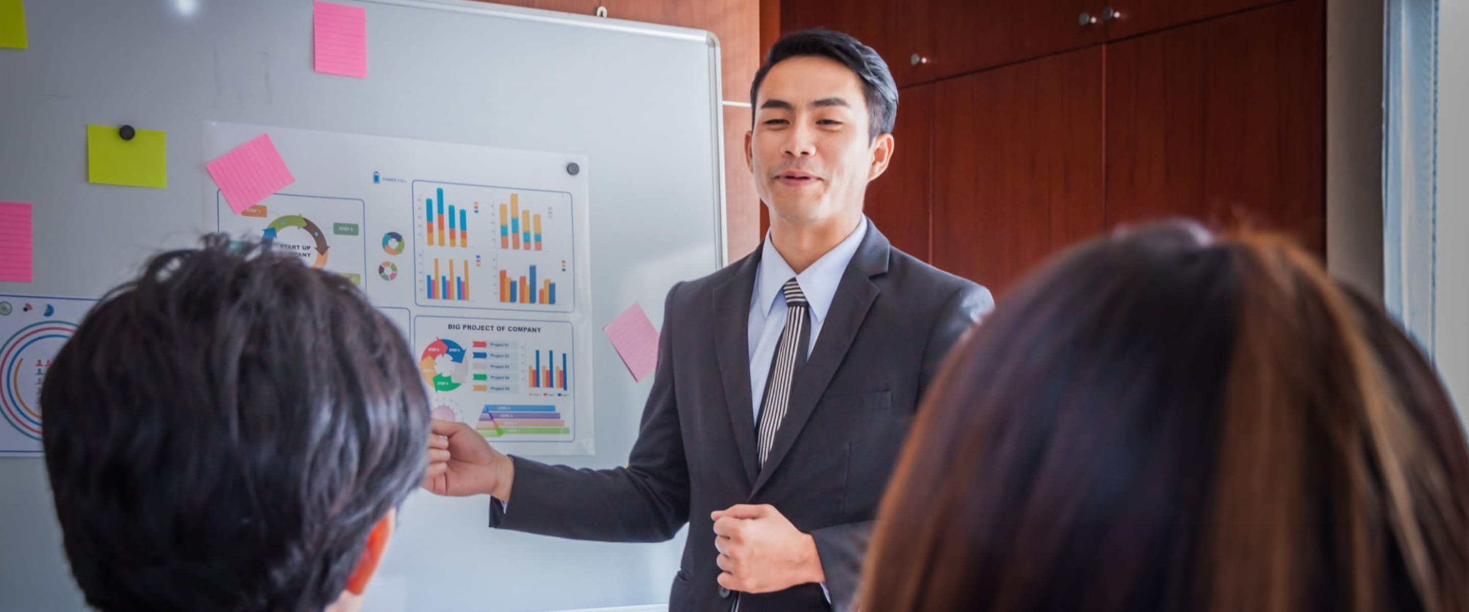ホワイトボードを使ってプレゼンテーションを行うスーツ姿の男